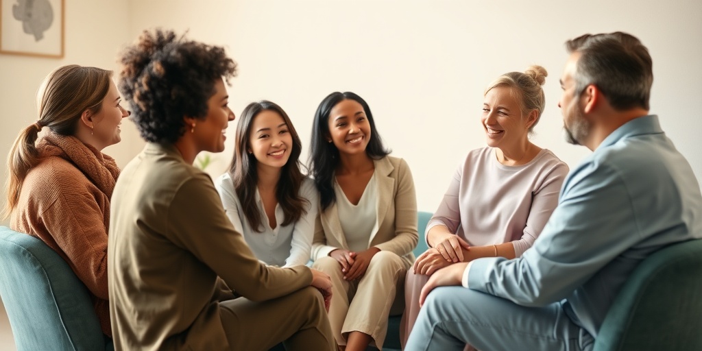 Individuals engage in a supportive conversation about mental health, conveying empathy in a warm, inviting setting.  3.png