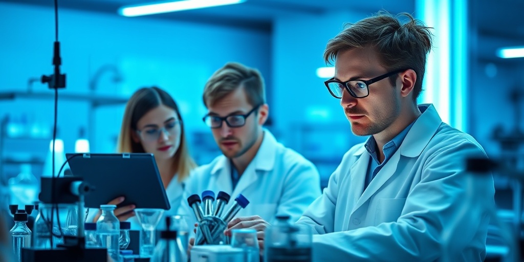 Scientists collaborate in a lab on genetic studies of Van Lohuizen Syndrome, surrounded by advanced technology and research materials.  5.png