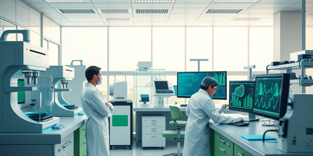 Scientists in a lab engaged in research on cribriform carcinoma, featuring advanced technology and a color palette of innovation.5.png