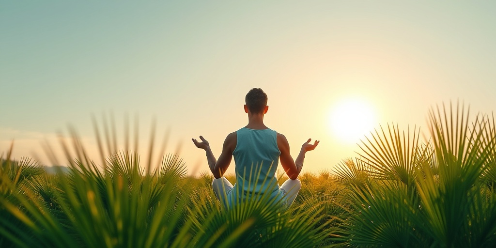 Serene landscape with a person meditating among saw palmetto plants, symbolizing holistic health under a warm sunset glow.  5.png