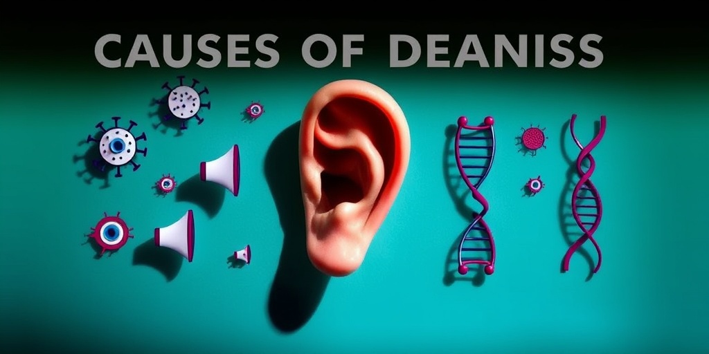 Symbolic elements represent causes of deafness, featuring a human ear alongside icons like a virus and loudspeaker.  3.png