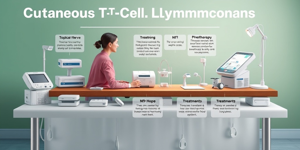 Various treatment options for Cutaneous T-Cell Lymphomas are displayed on a table, with a healthcare professional discussing them with a patient.  4.png
