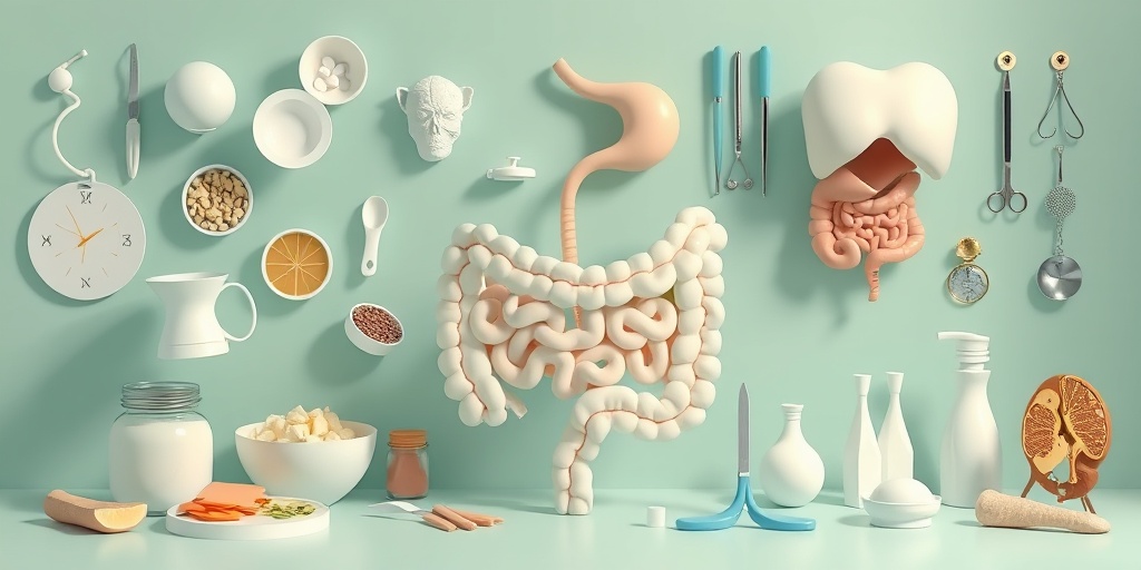 A 3D render illustrating small bowel obstruction risk factors, featuring dietary items and surgical tools in a cohesive layout.  3.png