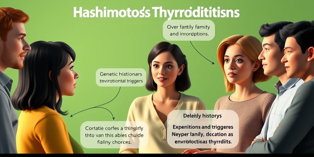 A 3D render of individuals discussing Hashimoto's risk factors in a supportive community, set against a soothing green backdrop.  3.png