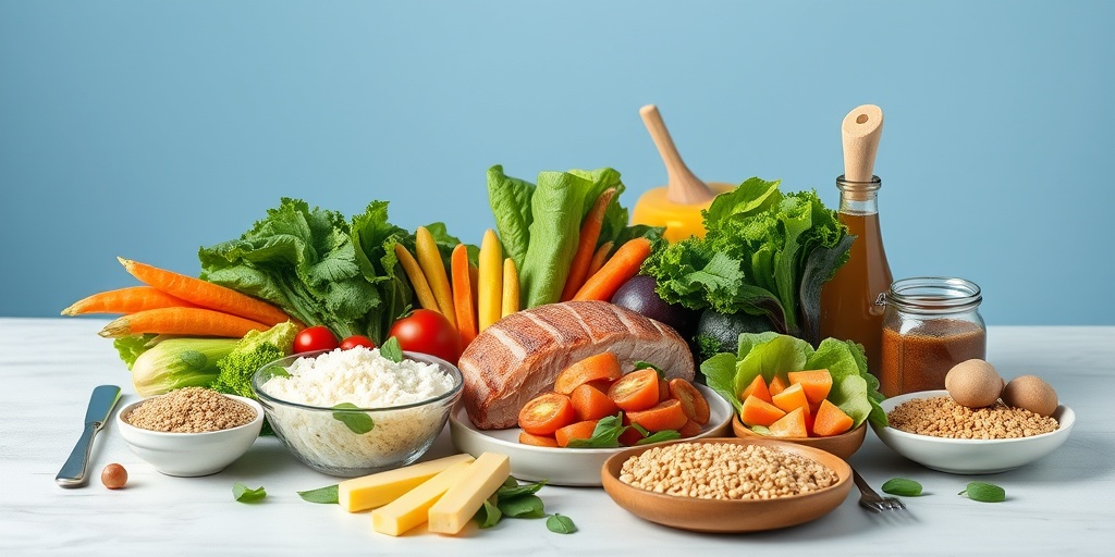 A beautifully arranged balanced meal for Hashimoto's patients, featuring vibrant foods and a subtle blue background enhancing freshness.  5.png