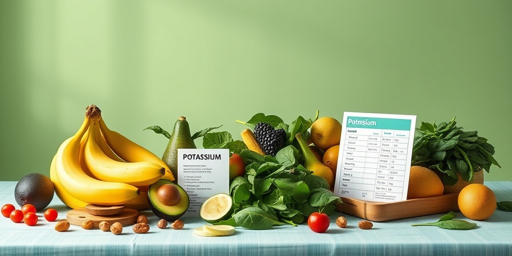 A beautifully arranged table displays potassium-rich foods like bananas and avocados, highlighted by soft lighting and an inviting atmosphere.5.png
