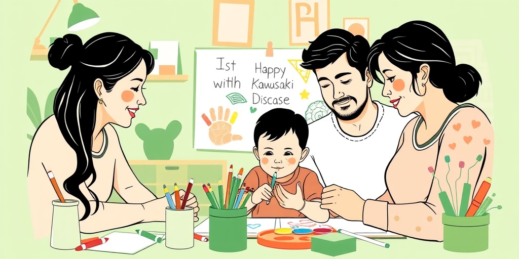 A child creating art at home, surrounded by family, representing resilience and emotional support in Kawasaki Disease management.5.png