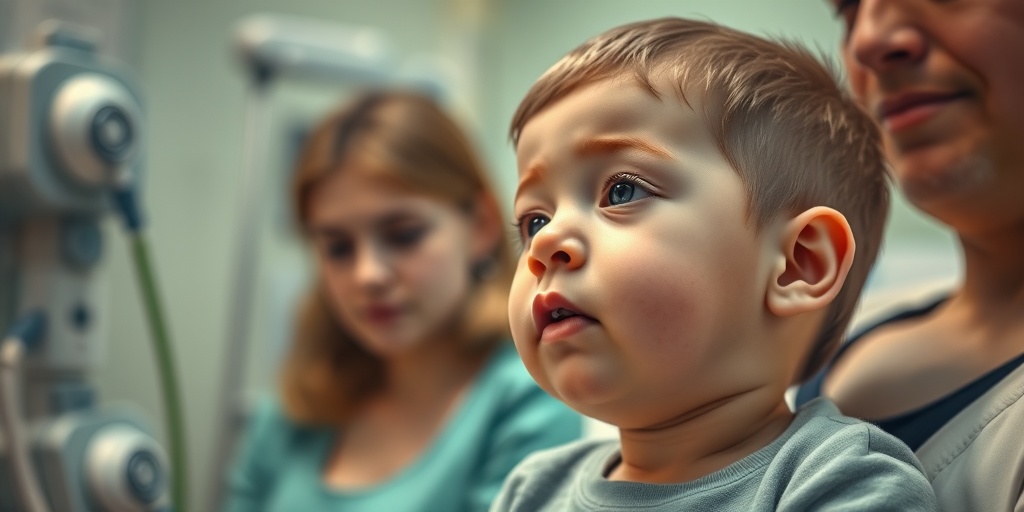 A child in a clinic showing symptoms of a ventricular septal defect, with a concerned parent nearby and medical equipment in view.  2.png