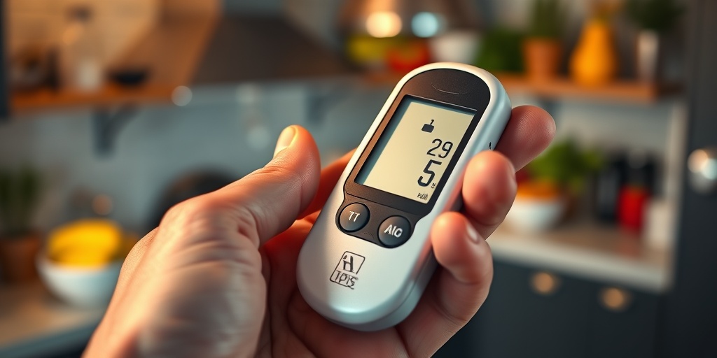 A close-up of a hand holding a glucose meter, highlighting elevated blood sugar levels against a warm kitchen backdrop.  2.png