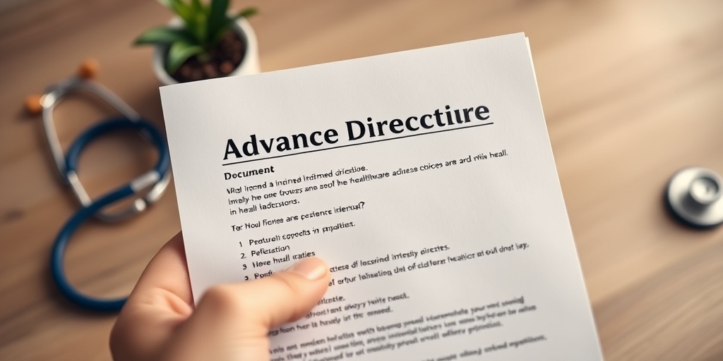 A close-up of a hand holding an advance directive, with a stethoscope and potted plant in the background.  2.png