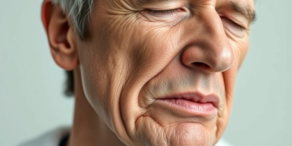 A close-up of a patient with facial swelling, expressing concern about mandibular ameloblastoma symptoms in a clinical setting.  2.png