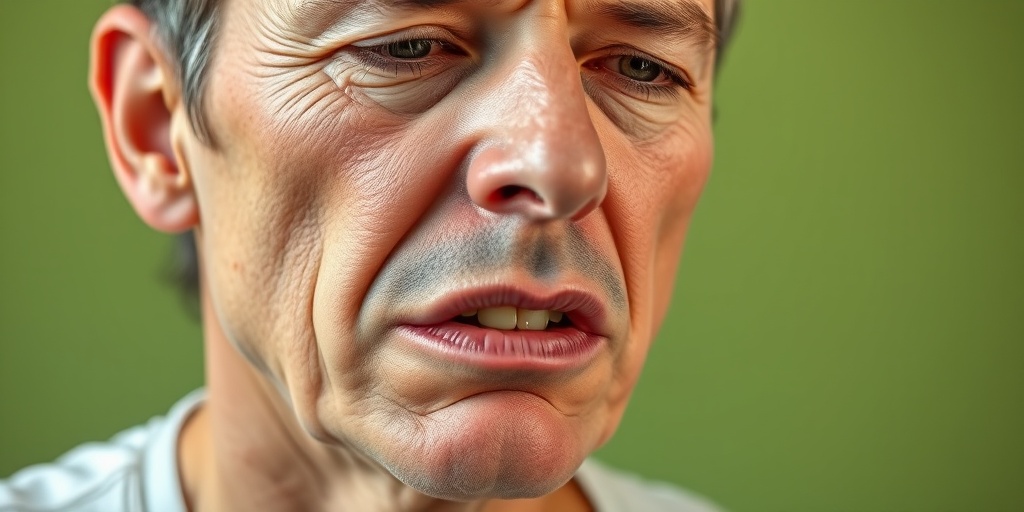 A close-up of a patient with facial swelling from mandibular ameloblastoma, expressing concern in a soft green setting.  2.png