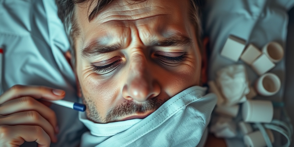 A close-up of a patient’s face reveals fatigue and discomfort, surrounded by symbols of illness like a thermometer and tissues.2.png