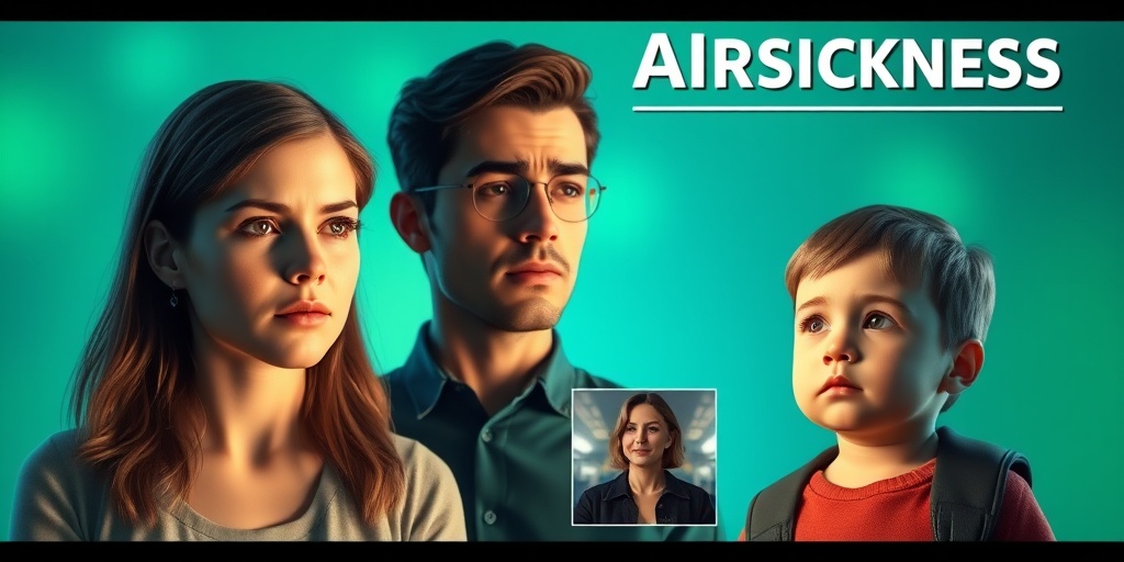 A collage of risk factors for airsickness, featuring anxious individuals and a child, illuminated in a harmonious green and blue setting.  3.png