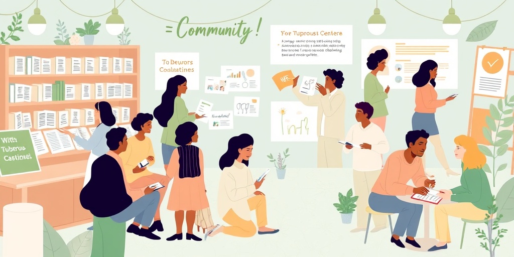 A community center scene features diverse individuals sharing experiences, fostering connection and support for Tuberous Sclerosis.  5.png