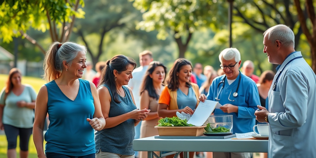 A community health event showcases individuals engaging in exercise and healthy cooking, promoting proactive heart health in a vibrant park setting.  5.png