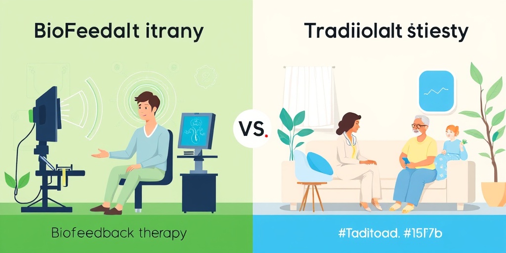 A comparative scene highlights biofeedback therapy's modern approach versus traditional therapy, showcasing evolving therapeutic practices.  4.png
