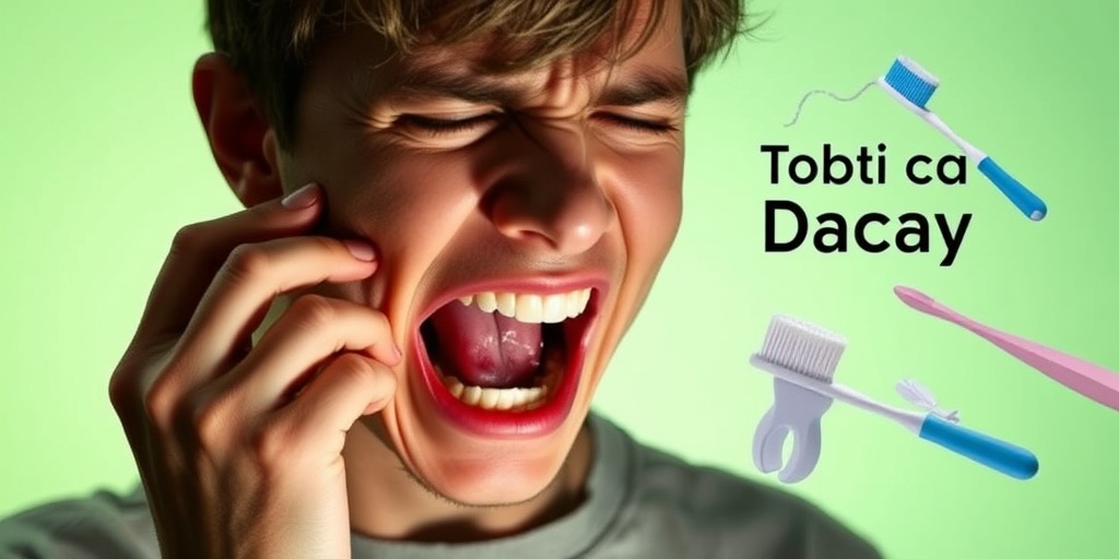 A concerned individual holds their cheek in pain, showcasing visible tooth decay with a calming green backdrop.  2.png