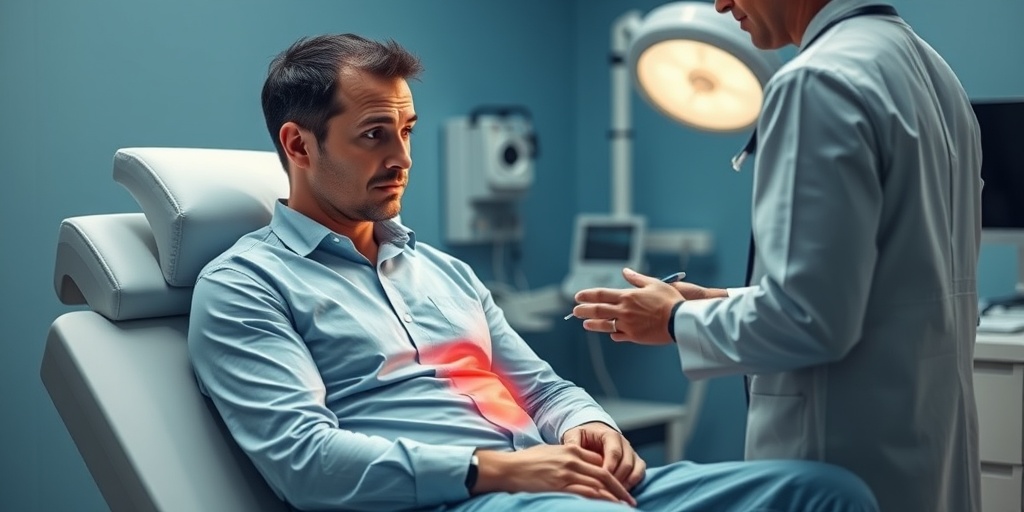 A concerned male patient on an examination table, with a healthcare professional examining his hydrocele in a clinical setting.  2.png