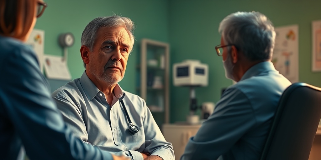 A concerned middle-aged patient discusses lymphoma symptoms with a healthcare professional in a calming doctor's office. 2.png