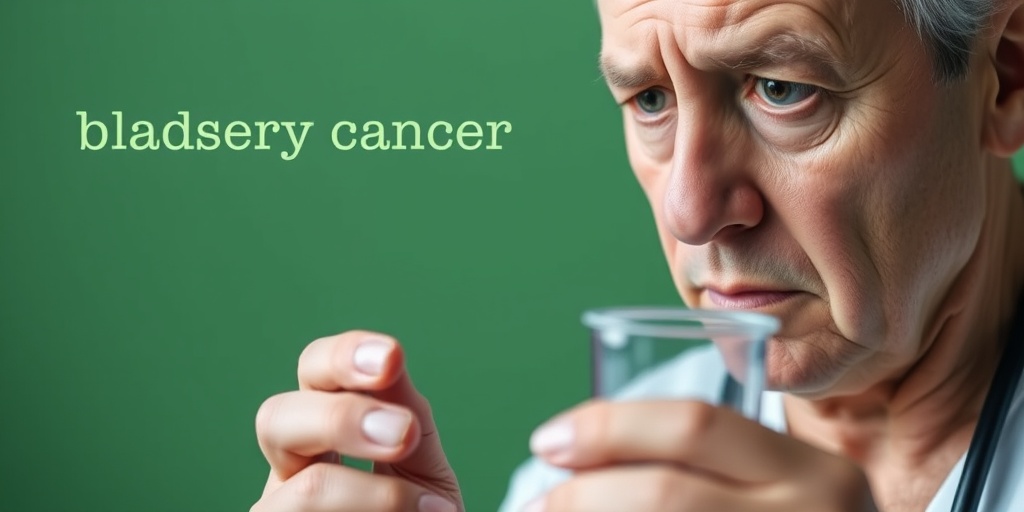 A concerned middle-aged patient in a clinical setting, holding a urine sample cup, symbolizing bladder cancer symptoms.  2.png