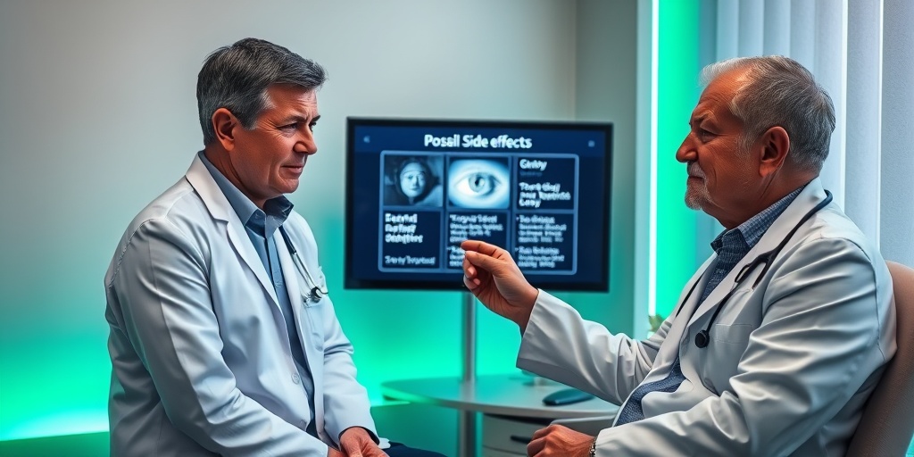 A concerned patient consults with an ophthalmologist about LASIK risks, with a digital screen displaying potential side effects.  3.png