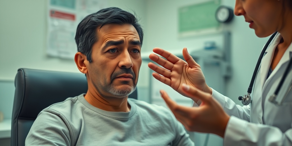 A concerned patient in a doctor's office, receiving gentle explanations about bradycardia from a caring healthcare professional.  2.png