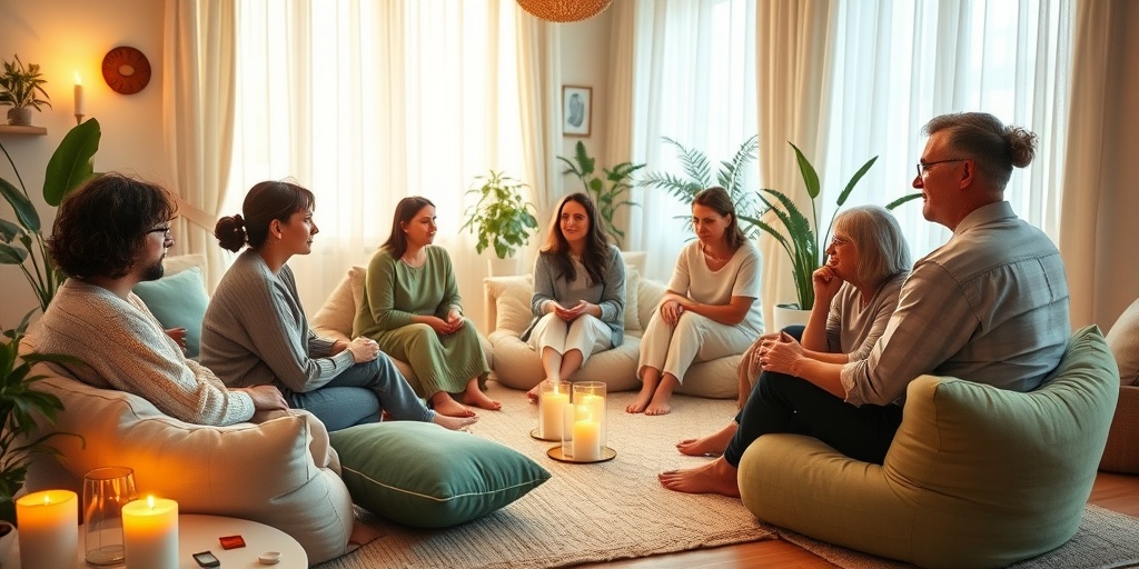 A cozy group therapy session fosters emotional well-being, with participants sharing experiences in a warm, inviting room.  4.png