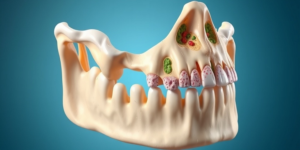 A cross-sectional view of the jawbone illustrating complications from mandibular ameloblastoma, highlighting bone loss and infection effects.  4.png