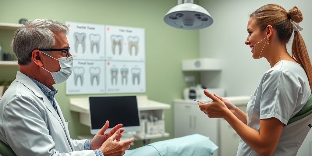 A dental professional discusses treatment options with an engaged patient in a modern, softly lit dental office.  4.png