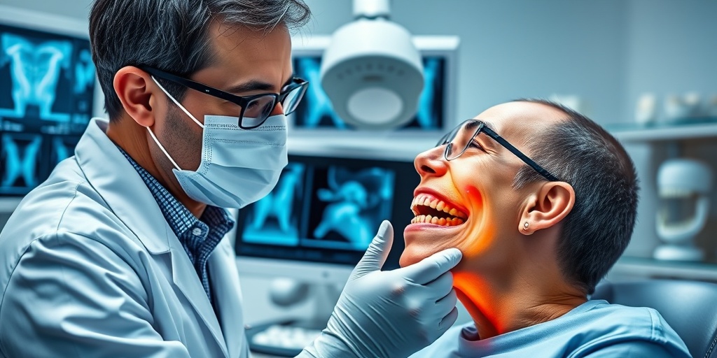 A dental professional examines a patient's jaw, surrounded by diagnostic tools, emphasizing the seriousness of mandibular ameloblastoma diagnosis.  3.png