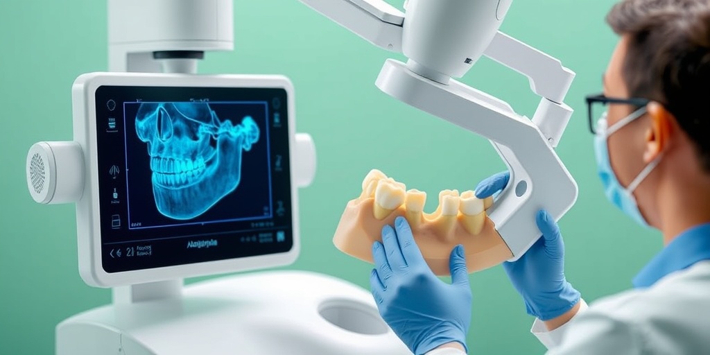A dental professional examining a patient's jaw with advanced imaging, highlighting a cross-section of the mandible in a clinical atmosphere.  3.png