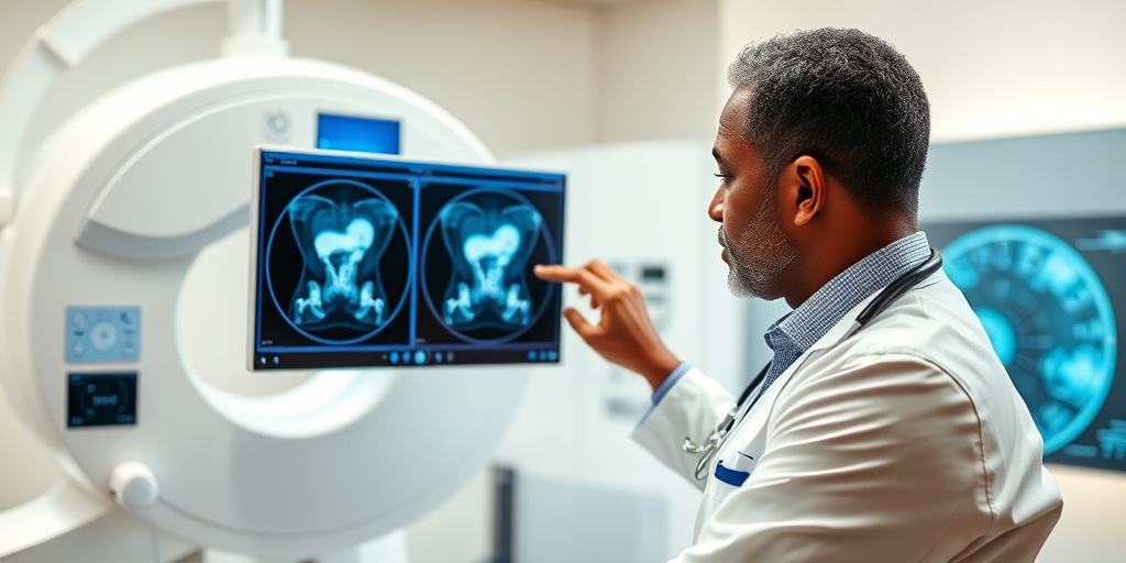 A diverse doctor examining a high-resolution bladder scan in a modern clinic, emphasizing the diagnosis process.  3.png