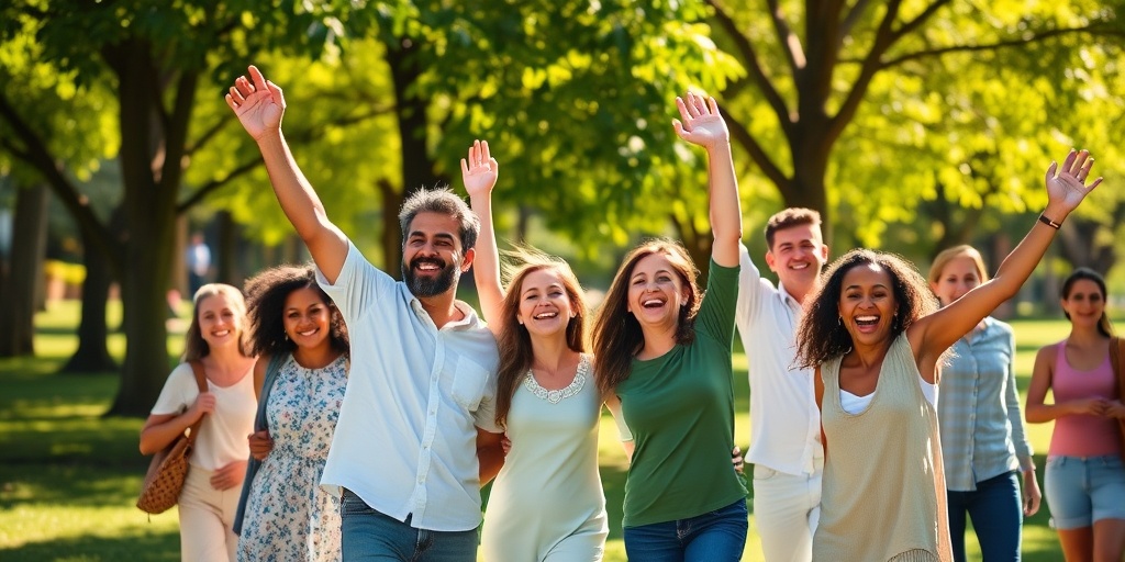 A diverse group celebrates recovery in a sunny park, symbolizing resilience with vibrant greens and warm, inviting lighting.  5.png
