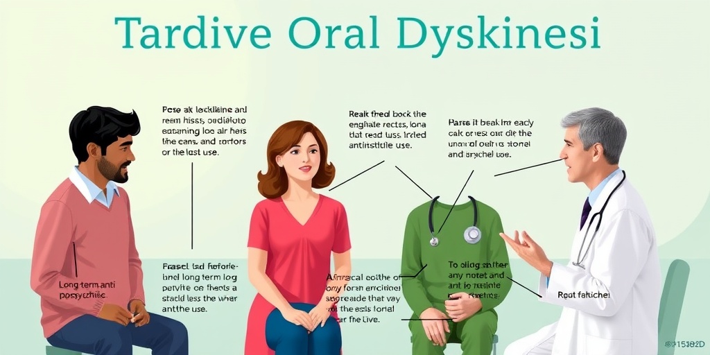 A diverse group discusses Tardive Oral Dyskinesia risk factors with a healthcare professional in a clinical setting, emphasizing awareness.  3.png