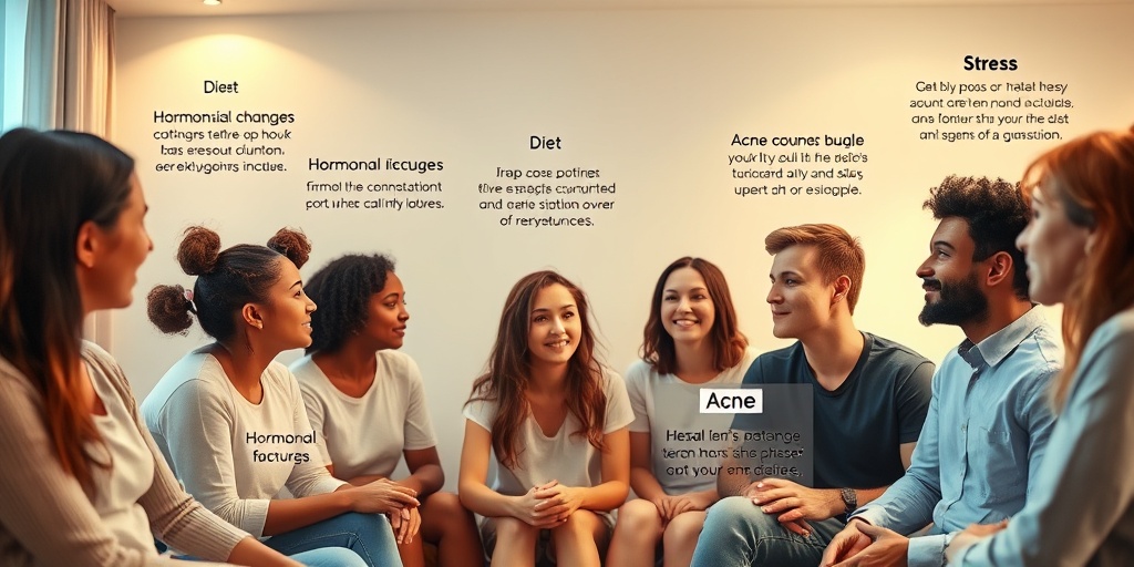 A diverse group discusses acne risk factors in a warm, inviting setting, promoting an engaging and educational atmosphere.  3.png