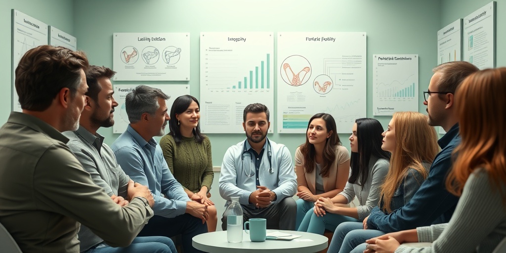 A diverse group discussing protein losing enteropathy with a healthcare professional, surrounded by informative charts and diagrams.  2.png