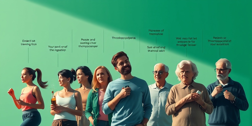 A diverse group illustrates thrombocytopenia risk factors, engaging in activities like exercising and taking medication in a serene setting.  3.png