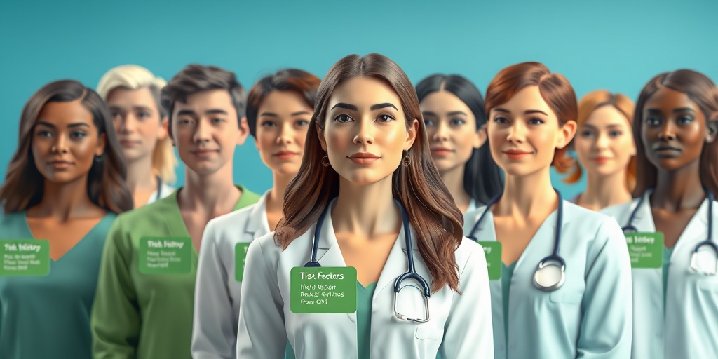 A diverse group in a clinical setting, visually representing hyperthyroidism risk factors with informative lighting and colors.  3.png