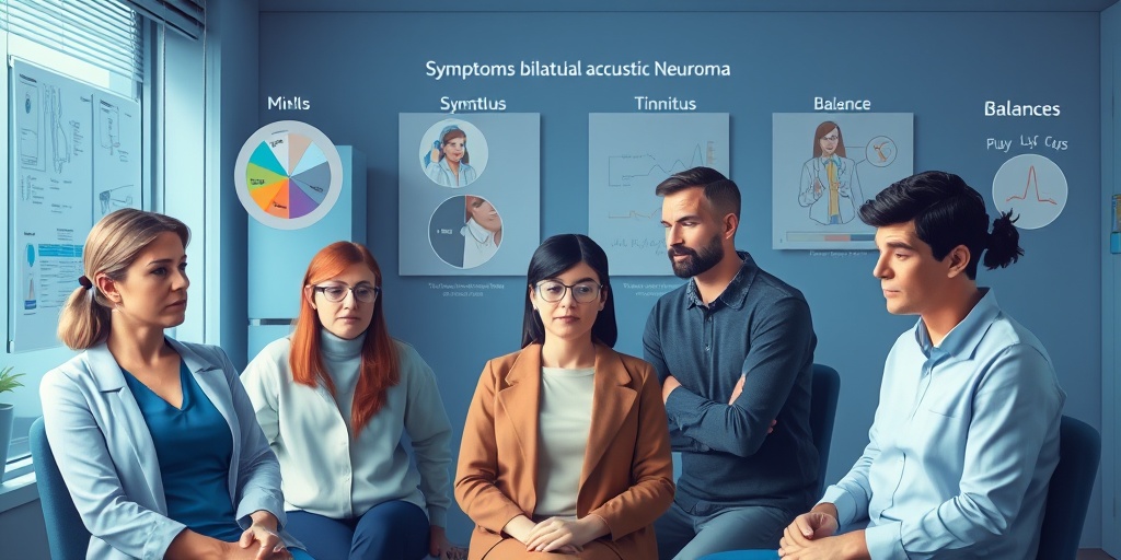 A diverse group in a medical office illustrates symptoms of acoustic neuroma, conveying empathy with soft blue lighting.  2.png