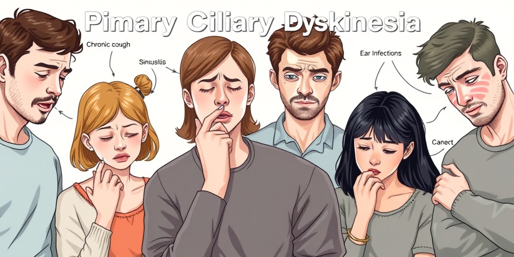 A diverse group of individuals displaying symptoms of Primary Ciliary Dyskinesia, set against a soft, creamy white background.2.png