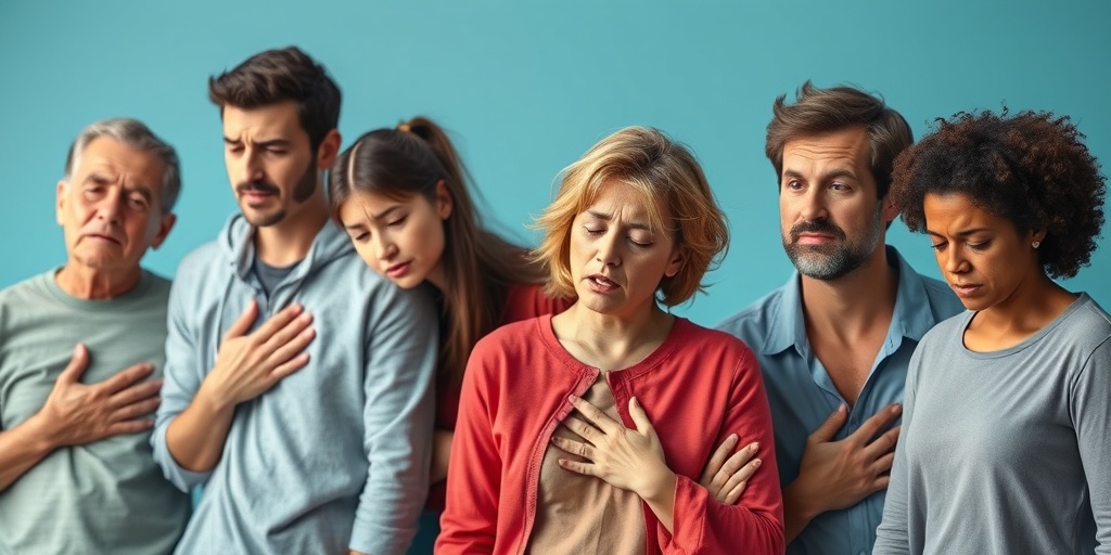 A diverse group of individuals displays symptoms of unstable angina, capturing urgency and concern against a soothing blue background.  2.png