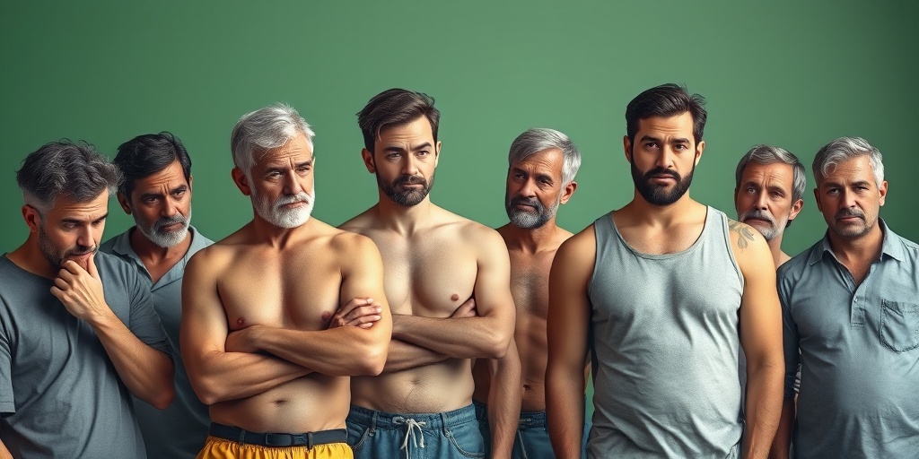 A diverse group of men thoughtfully posing, with visual indicators of hydrocele risk factors against a soothing green backdrop.  3.png