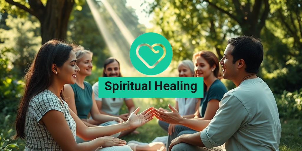 A diverse group participates in a serene outdoor healing session, surrounded by lush greenery and soft light. • Yesil Health AI