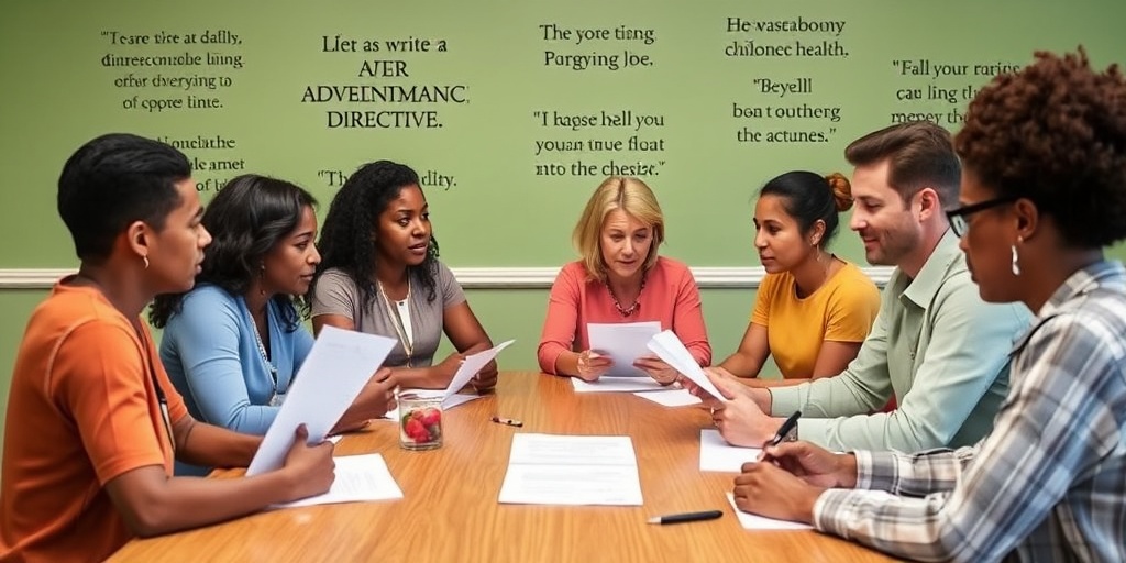 A diverse group participates in an advance directive workshop, surrounded by documents and inspirational quotes on the wall.  3.png