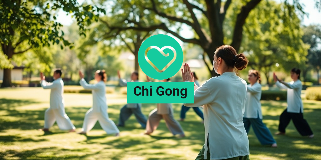 A diverse group practicing Chi Gong in a lush park, embodying tranquility and focus under soft sunlight. • Yesil Health AI