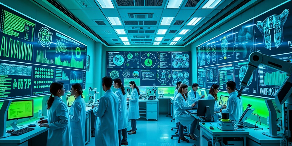 A diverse team of scientists analyzes complex data in a futuristic lab, highlighting technology's role in disease detection. 4.png