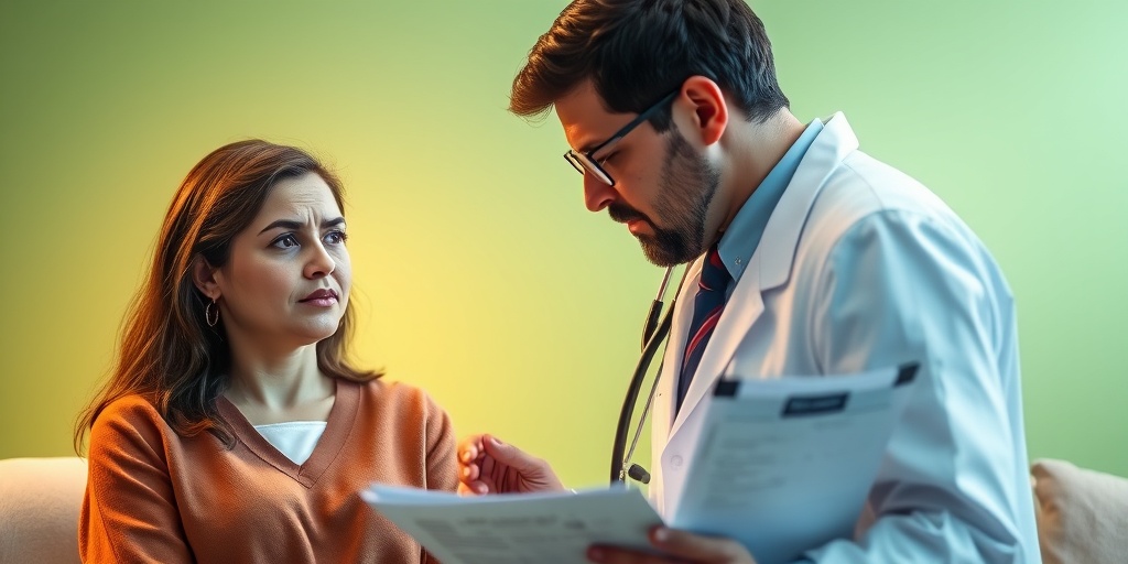 A doctor diagnosing adrenal crisis, using a stethoscope with an anxious patient, in a warm, trusting clinical environment.  4.png