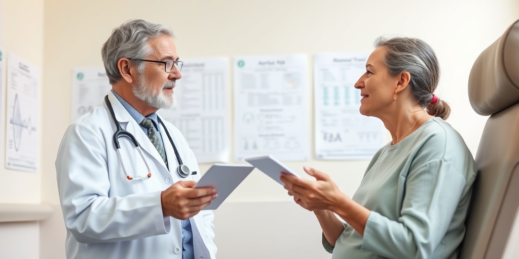 A doctor discusses airsickness treatments with an engaged patient, surrounded by calming medical charts in a soothing clinical environment.  4.png