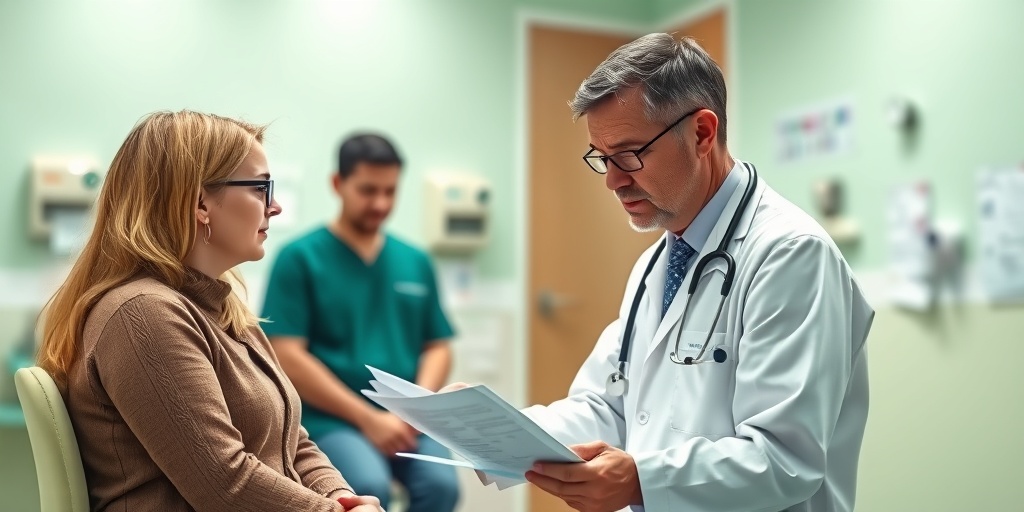 A doctor examines a patient's history in a modern clinic, promoting thorough and compassionate care for Tuberous Sclerosis.  3.png